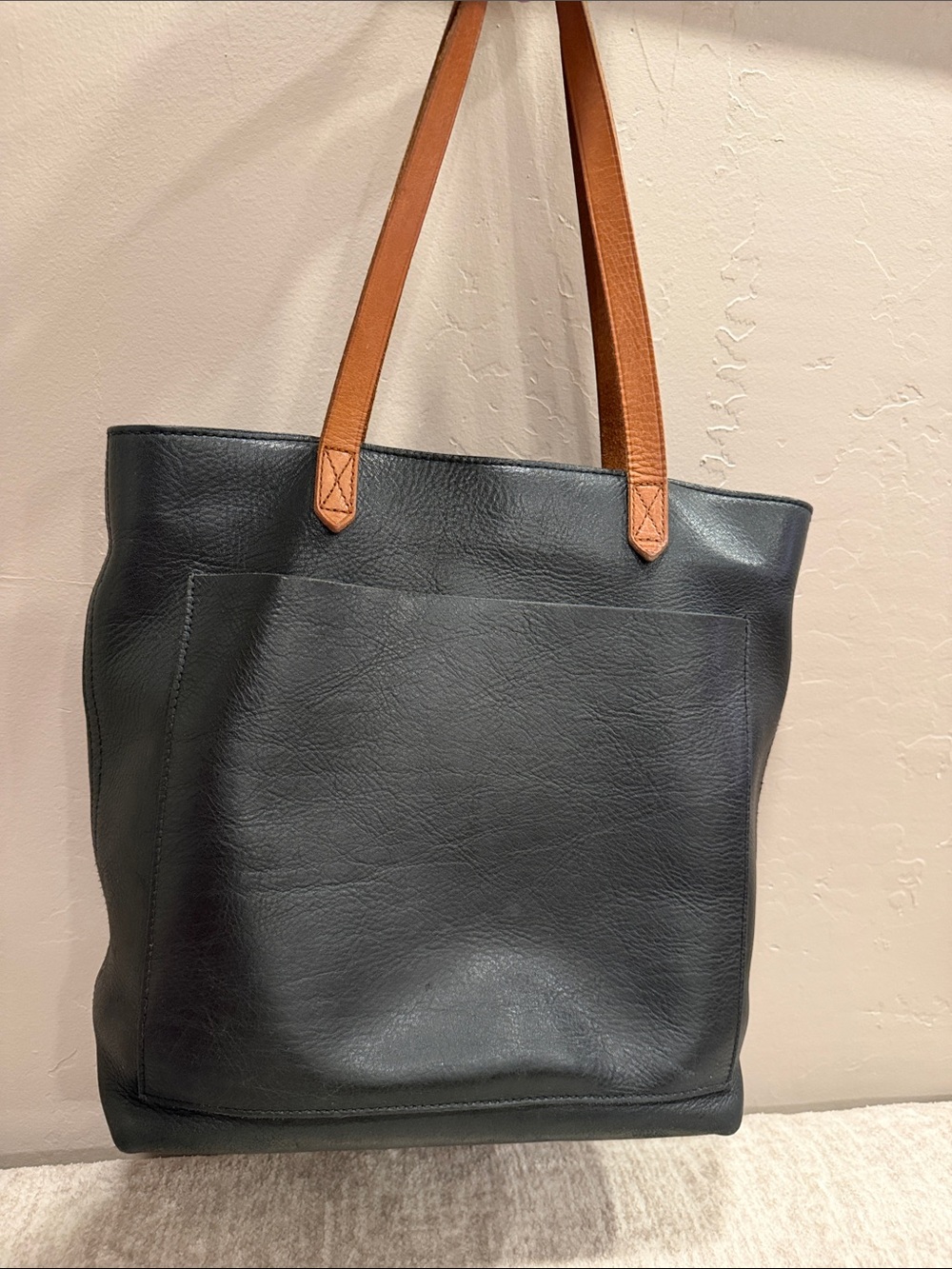 Madewell Black Leather Transport Tote with Tan Straps #400